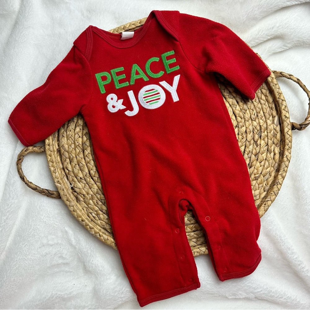 0/3m “Peace & Joy” Fleece Baby Christmas Romper